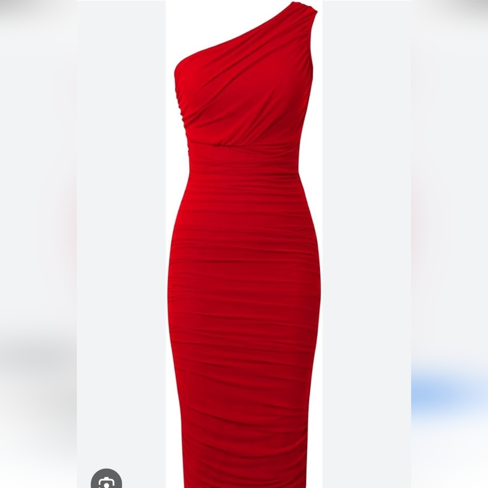Elegant Red Women's Dress Ruched One Shoulder.